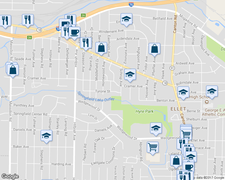 map of restaurants, bars, coffee shops, grocery stores, and more near 327 Bender Avenue in Akron