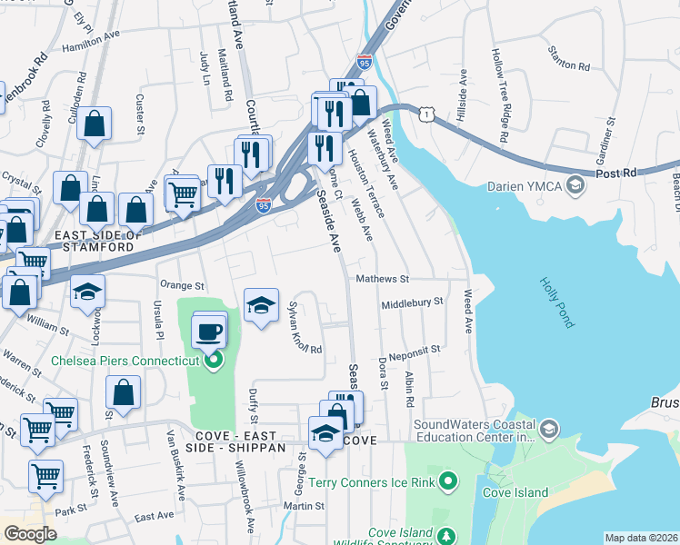 map of restaurants, bars, coffee shops, grocery stores, and more near 113 Seaside Avenue in Stamford