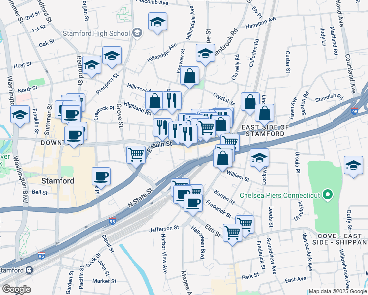 map of restaurants, bars, coffee shops, grocery stores, and more near 791 East Main Street in Stamford
