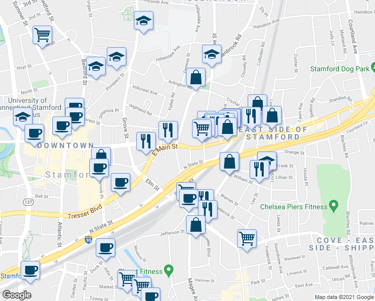 map of restaurants, bars, coffee shops, grocery stores, and more near 791 East Main Street in Stamford