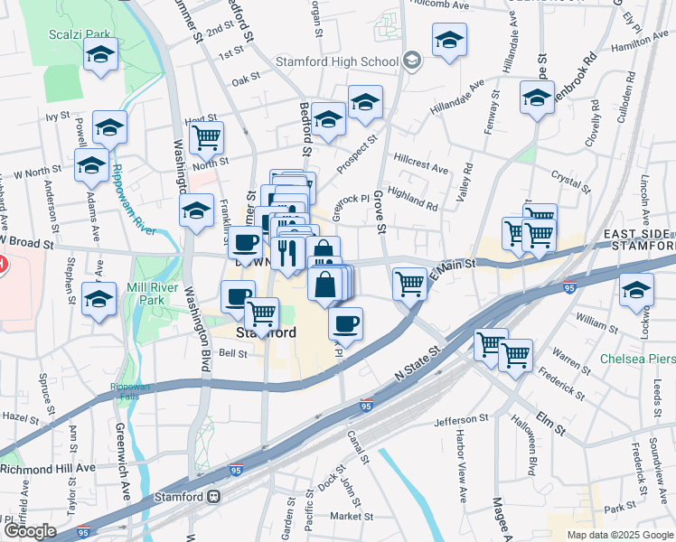 map of restaurants, bars, coffee shops, grocery stores, and more near in Stamford