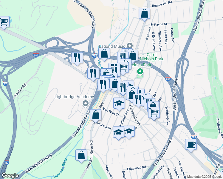 map of restaurants, bars, coffee shops, grocery stores, and more near in Elmsford