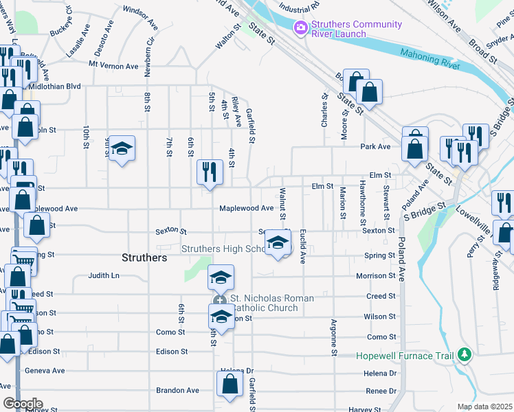 map of restaurants, bars, coffee shops, grocery stores, and more near 253 Maplewood Avenue in Struthers