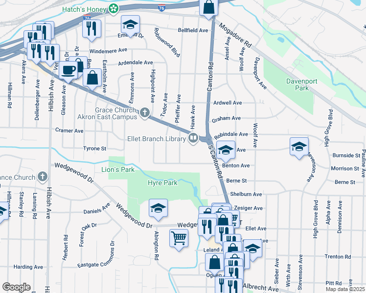 map of restaurants, bars, coffee shops, grocery stores, and more near 316 Rea Avenue in Akron