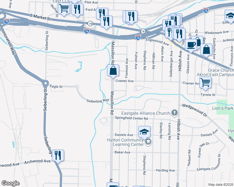 map of restaurants, bars, coffee shops, grocery stores, and more near 1834 Guss Avenue in Akron