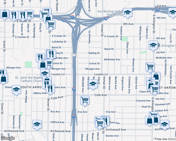 map of restaurants, bars, coffee shops, grocery stores, and more near 732 Morgan Avenue in Akron