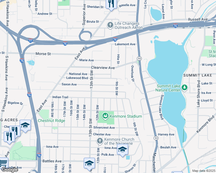 map of restaurants, bars, coffee shops, grocery stores, and more near 796 Saxon Avenue in Akron