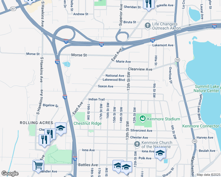 map of restaurants, bars, coffee shops, grocery stores, and more near 918 Saxon Avenue in Akron