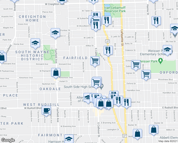 map of restaurants, bars, coffee shops, grocery stores, and more near 3301 South Harrison Street in Fort Wayne