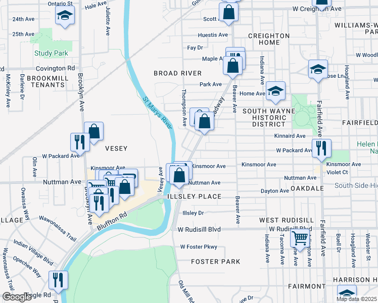 map of restaurants, bars, coffee shops, grocery stores, and more near 1317 West Packard Avenue in Fort Wayne