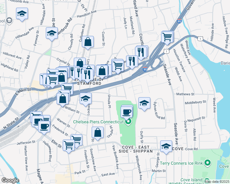 map of restaurants, bars, coffee shops, grocery stores, and more near 49 Stafford Road in Stamford