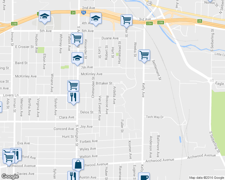 map of restaurants, bars, coffee shops, grocery stores, and more near 474 Ardella Ave in Akron