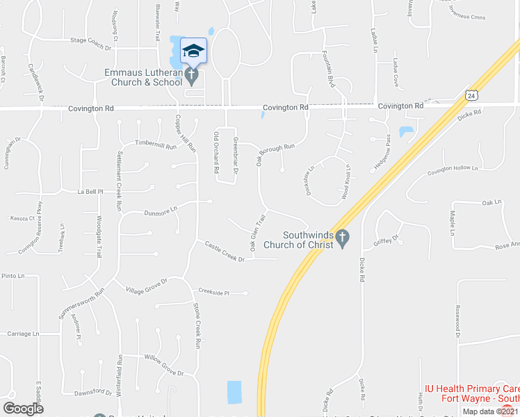 map of restaurants, bars, coffee shops, grocery stores, and more near 3130 Oak Borough Run in Fort Wayne