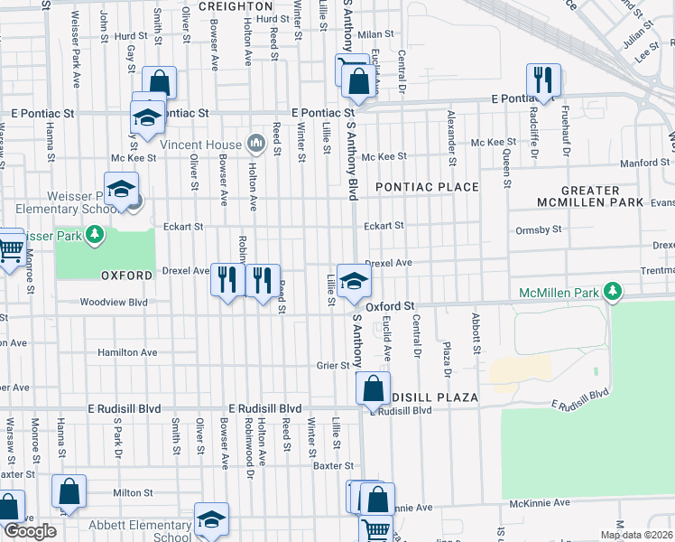 map of restaurants, bars, coffee shops, grocery stores, and more near 3307 Lillie Street in Fort Wayne