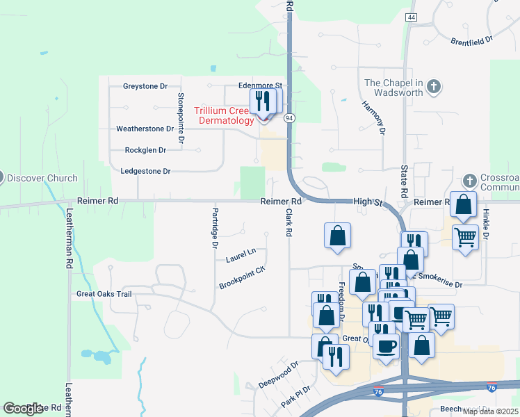 map of restaurants, bars, coffee shops, grocery stores, and more near 1374 Reimer Road in Wadsworth