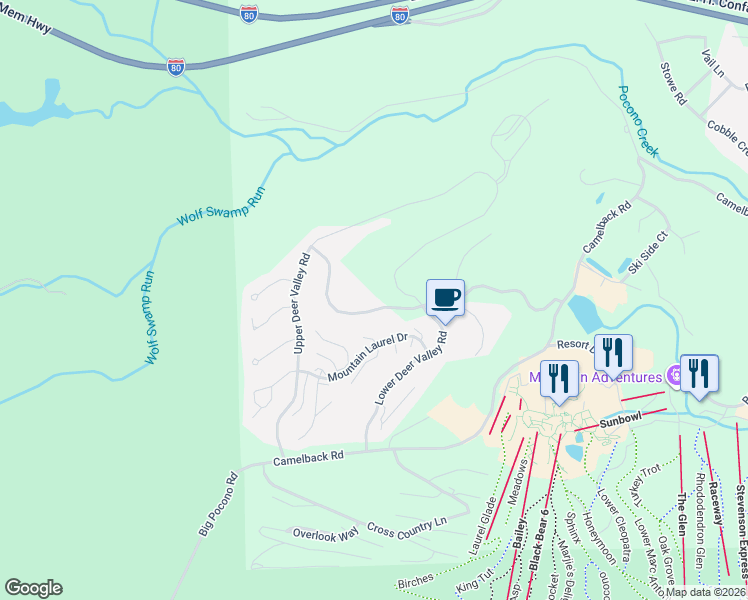map of restaurants, bars, coffee shops, grocery stores, and more near 39 Camelback Drive in Tannersville