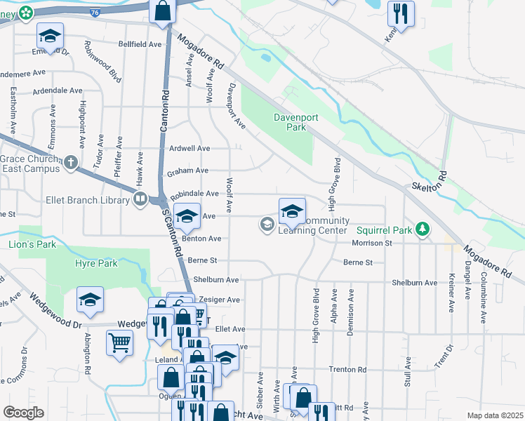 map of restaurants, bars, coffee shops, grocery stores, and more near 2679 Paxton Avenue in Akron