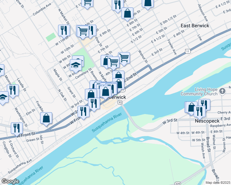 map of restaurants, bars, coffee shops, grocery stores, and more near 101 East Front Street in Berwick