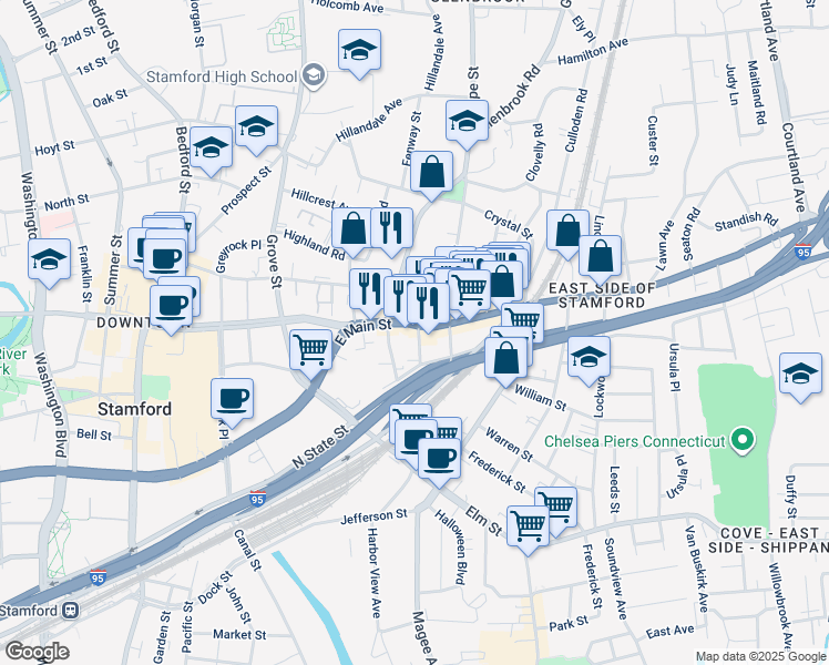 map of restaurants, bars, coffee shops, grocery stores, and more near 791 East Main Street in Stamford
