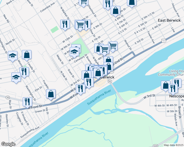 map of restaurants, bars, coffee shops, grocery stores, and more near 210212 N Mulberry St in Berwick