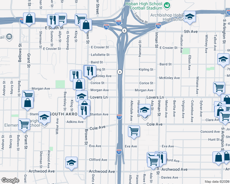 map of restaurants, bars, coffee shops, grocery stores, and more near 630 Morgan Avenue in Akron