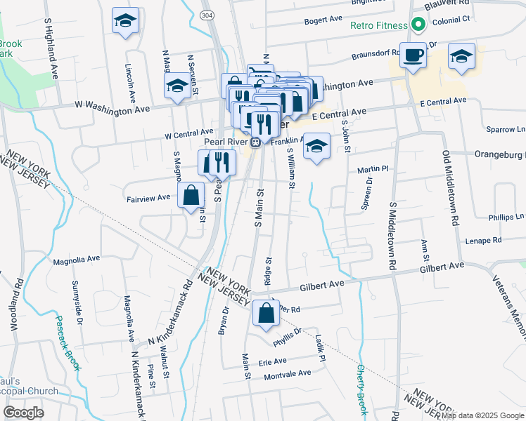 map of restaurants, bars, coffee shops, grocery stores, and more near 120 South Main Street in Pearl River