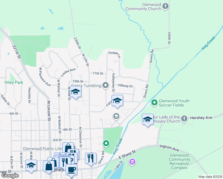 map of restaurants, bars, coffee shops, grocery stores, and more near 904 Valleyway Drive in Glenwood