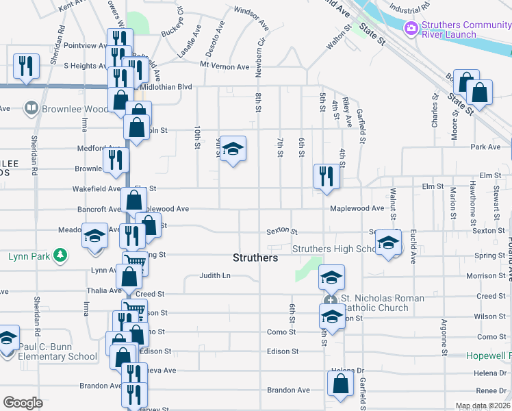 map of restaurants, bars, coffee shops, grocery stores, and more near 435 Maplewood Avenue in Struthers