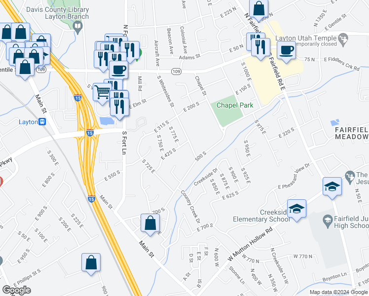map of restaurants, bars, coffee shops, grocery stores, and more near 780 East 425 South in Layton
