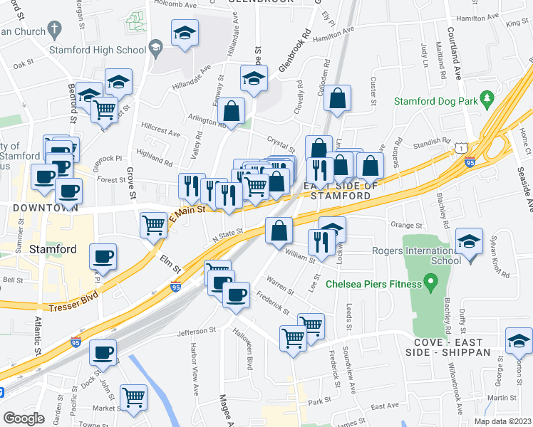 map of restaurants, bars, coffee shops, grocery stores, and more near 847 East Main Street in Stamford
