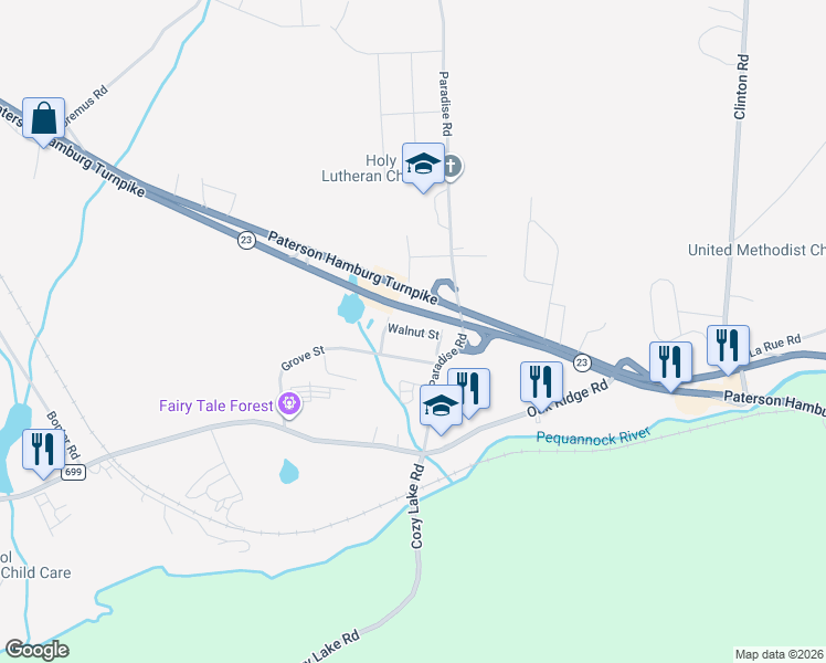 map of restaurants, bars, coffee shops, grocery stores, and more near 45 Paradise Road in West Milford