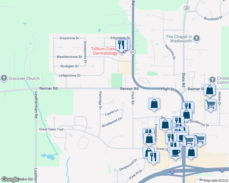 map of restaurants, bars, coffee shops, grocery stores, and more near 1374 Reimer Road in Wadsworth