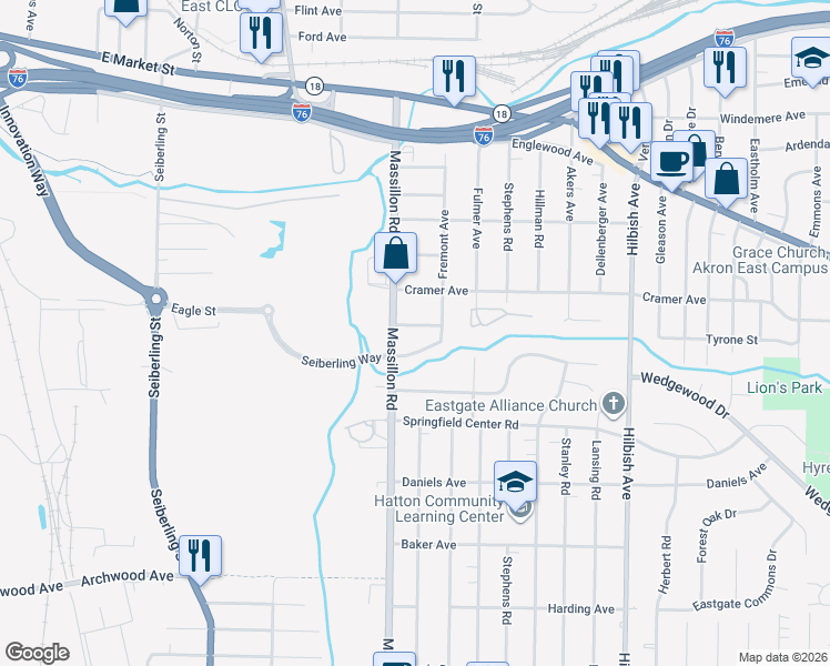 map of restaurants, bars, coffee shops, grocery stores, and more near 1834 Guss Ave in Akron