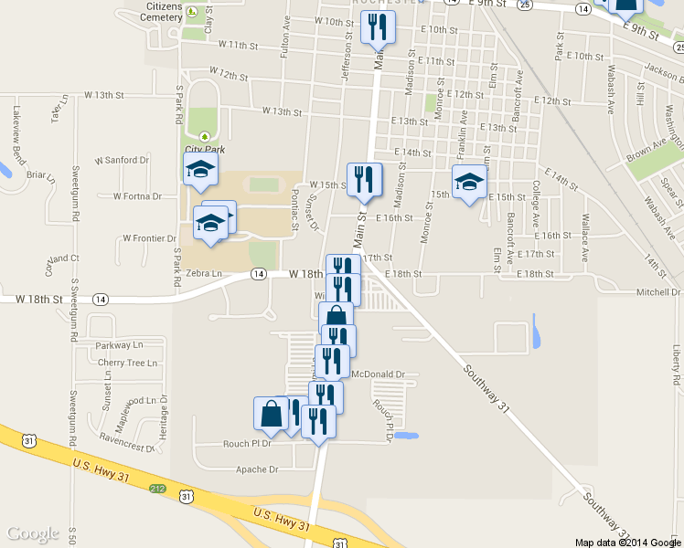 map of restaurants, bars, coffee shops, grocery stores, and more near 147-243 West 18th Street in Rochester