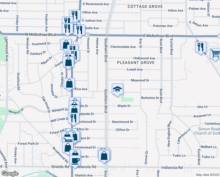 map of restaurants, bars, coffee shops, grocery stores, and more near 4331 Southern Boulevard in Youngstown