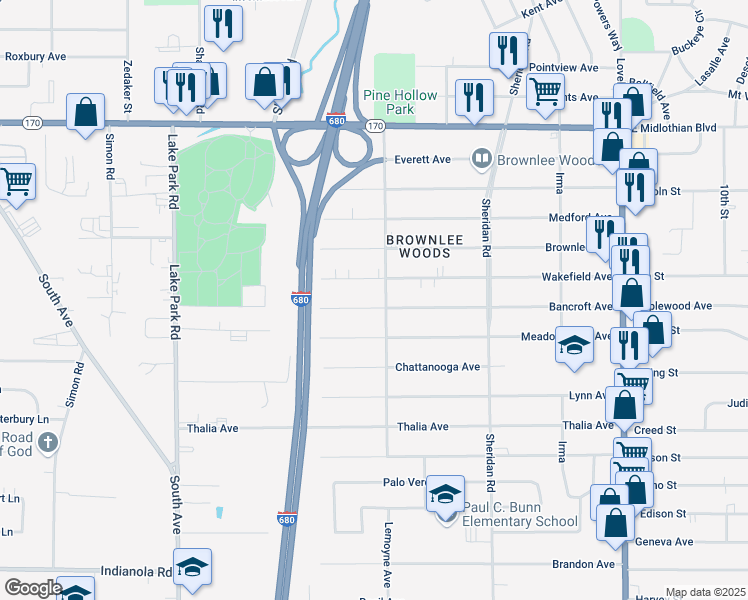 map of restaurants, bars, coffee shops, grocery stores, and more near 1570 Bancroft Avenue in Youngstown