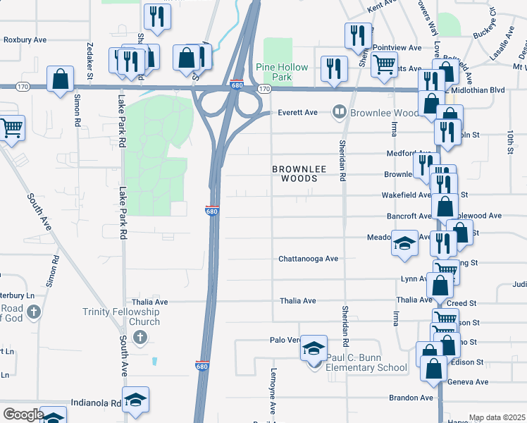 map of restaurants, bars, coffee shops, grocery stores, and more near 1570 Bancroft Avenue in Youngstown
