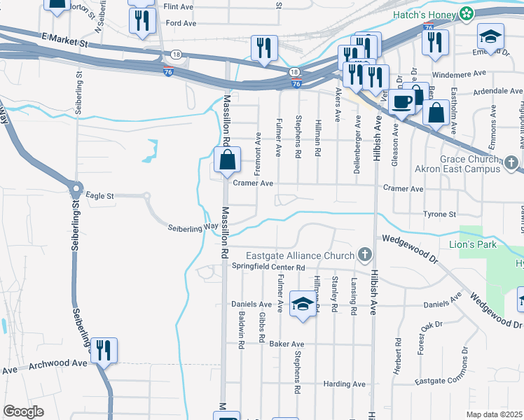 map of restaurants, bars, coffee shops, grocery stores, and more near 249 Fremont Avenue in Akron