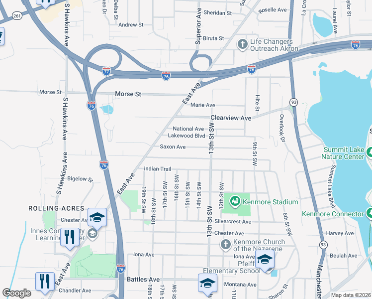 map of restaurants, bars, coffee shops, grocery stores, and more near 918 Saxon Avenue in Akron