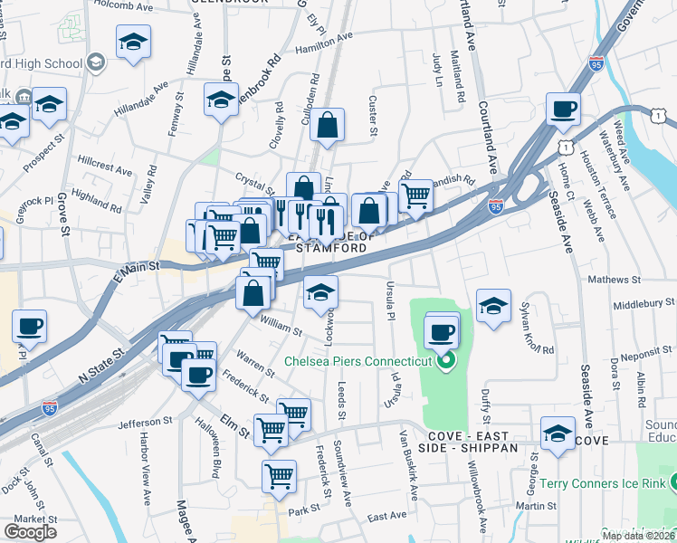 map of restaurants, bars, coffee shops, grocery stores, and more near 34 Lockwood Avenue in Stamford