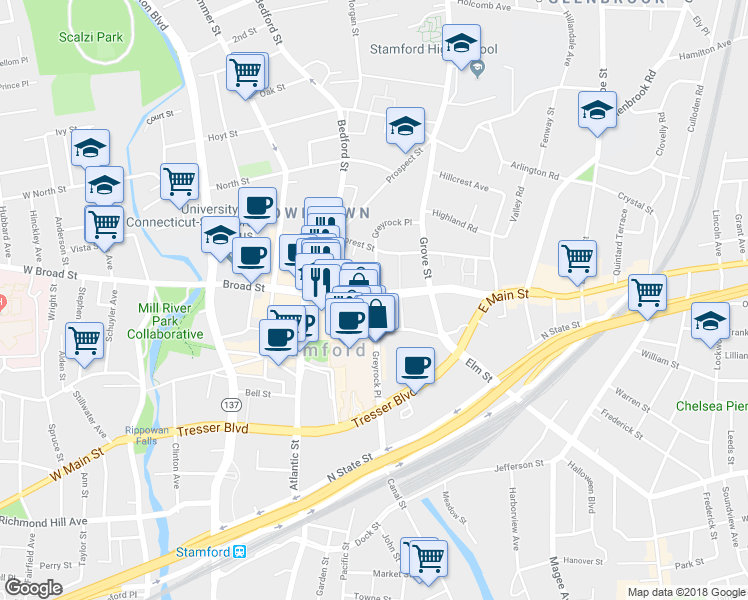 map of restaurants, bars, coffee shops, grocery stores, and more near 157 Greyrock Place in Stamford