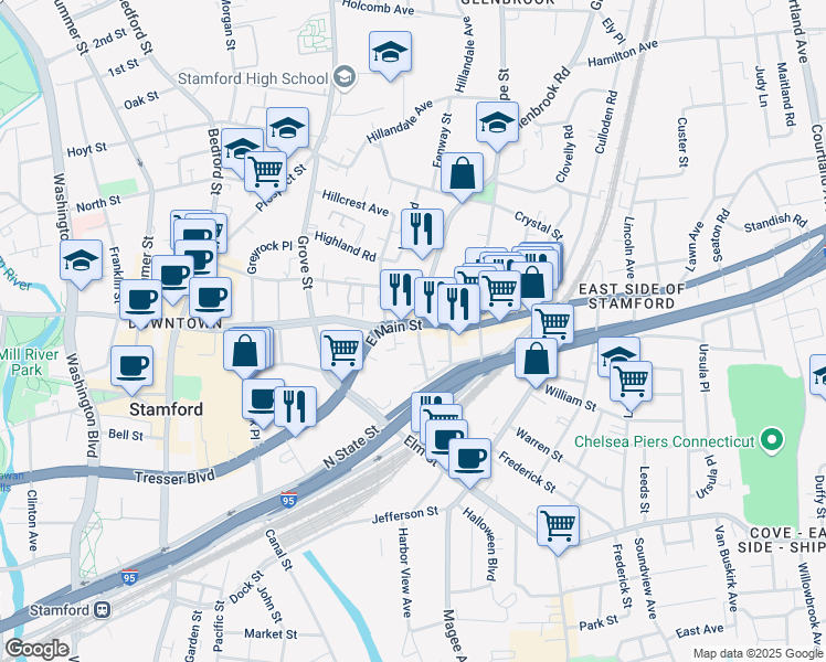 map of restaurants, bars, coffee shops, grocery stores, and more near 751 East Main Street in Stamford