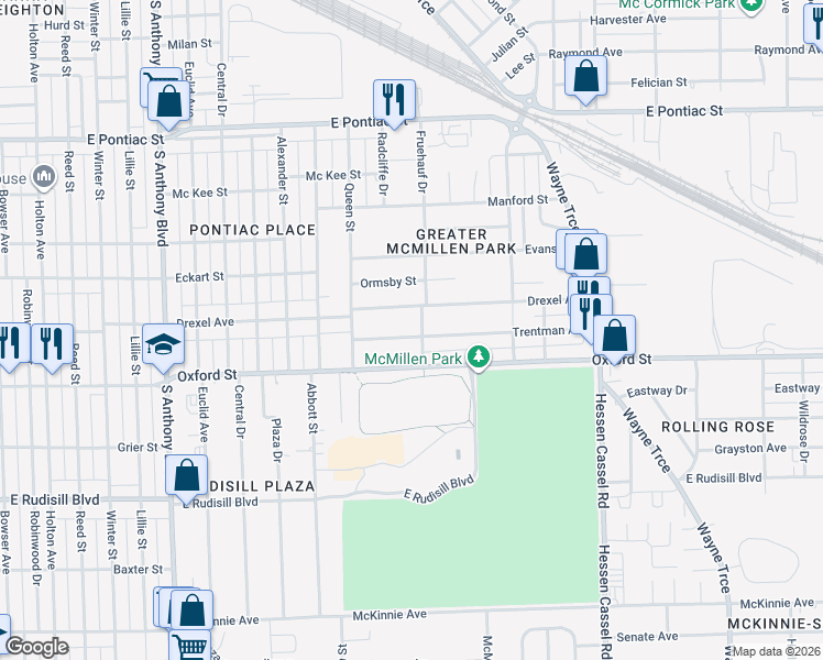map of restaurants, bars, coffee shops, grocery stores, and more near 2521 Trentman Avenue in Fort Wayne