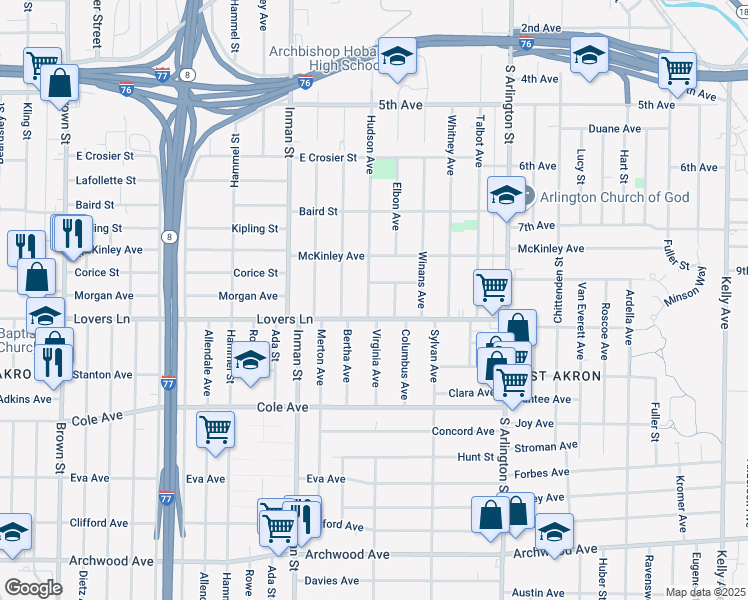 map of restaurants, bars, coffee shops, grocery stores, and more near 751 Hudson Avenue in Akron
