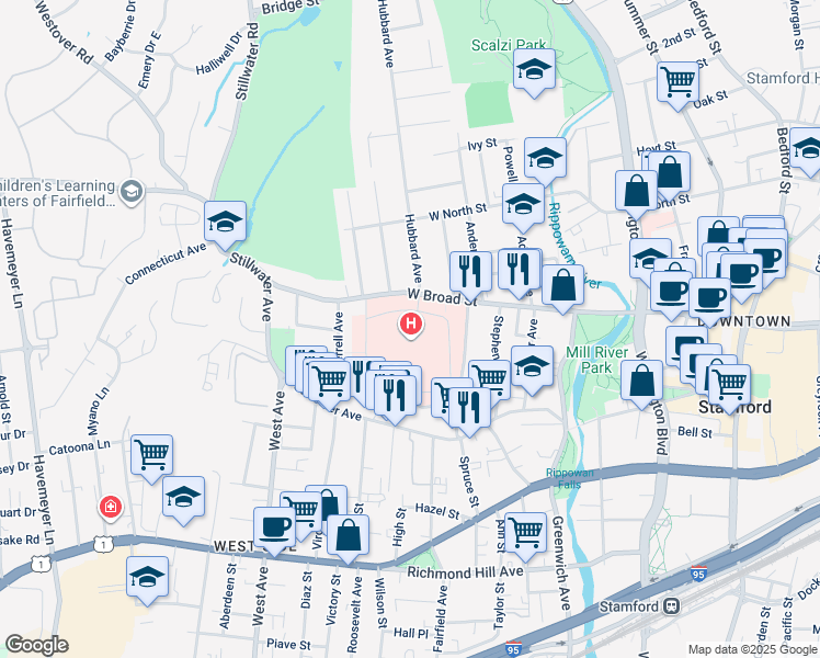map of restaurants, bars, coffee shops, grocery stores, and more near 30 Shelburne Rd in Stamford