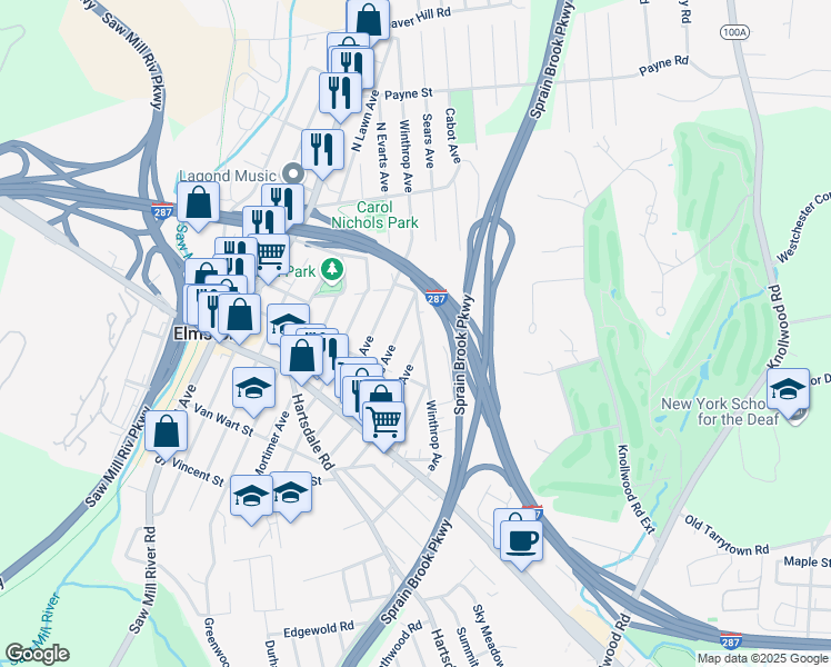 map of restaurants, bars, coffee shops, grocery stores, and more near 37 Winthrop Avenue in Elmsford