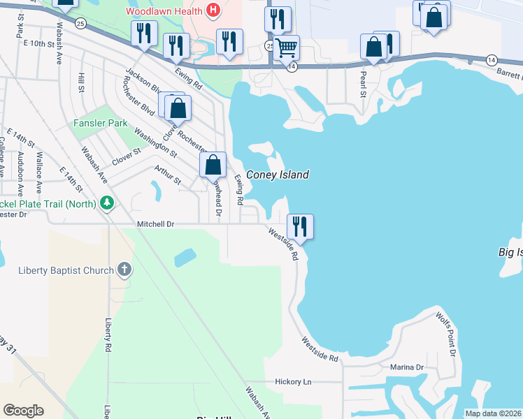 map of restaurants, bars, coffee shops, grocery stores, and more near 1711 Idlewild Drive in Rochester