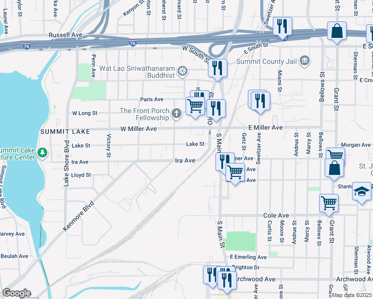 map of restaurants, bars, coffee shops, grocery stores, and more near 52 Lake St in Akron