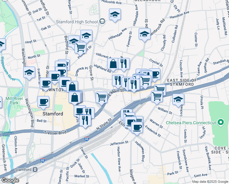 map of restaurants, bars, coffee shops, grocery stores, and more near 723 Main Street in Stamford