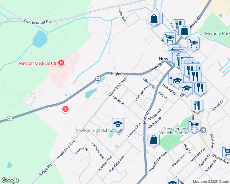 map of restaurants, bars, coffee shops, grocery stores, and more near 32 West End Avenue in Newton